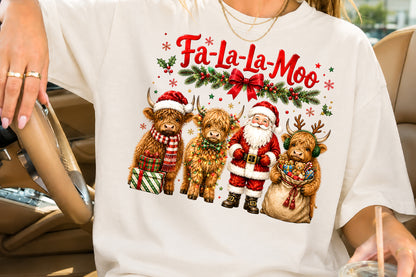 Fa La La Moo Christmas Highland Cow Santa PNG Sublimation Design