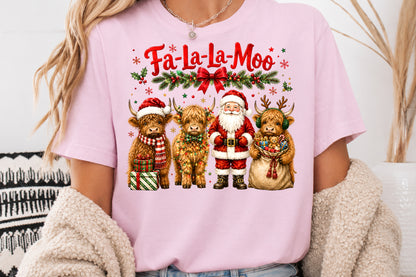 Fa La La Moo Christmas Highland Cow Santa PNG Sublimation Design