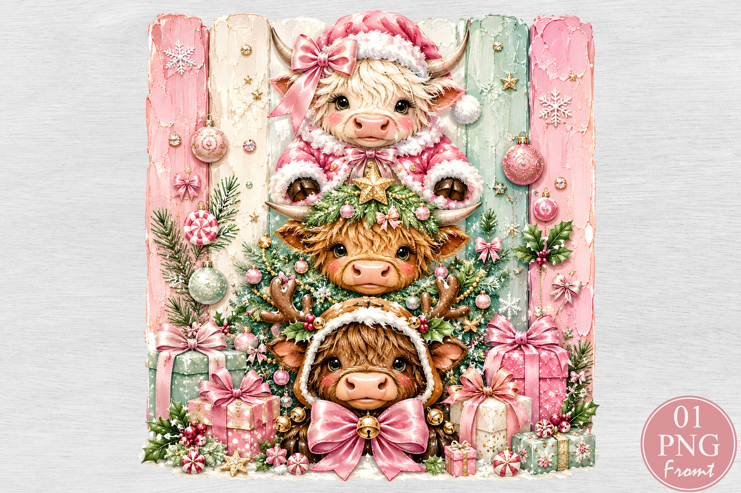 Christmas Highland Cow PNG Pink Christmas Cow Cute Winter Sublimation Design