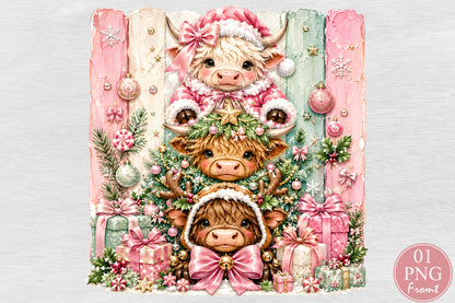 Christmas Highland Cow PNG Pink Christmas Cow Cute Winter Sublimation Design