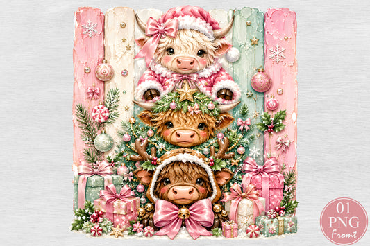 Christmas Highland Cow PNG Pink Christmas Cow Cute Winter Sublimation Design