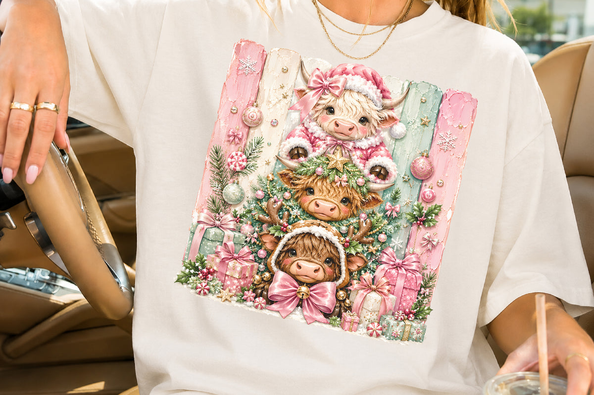 Christmas Highland Cow PNG Pink Christmas Cow Cute Winter Sublimation Design