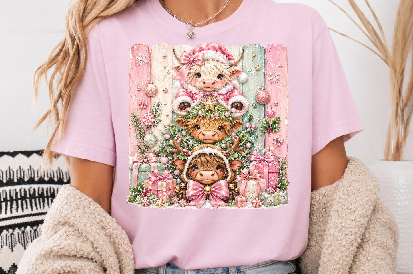 Christmas Highland Cow PNG Pink Christmas Cow Cute Winter Sublimation Design