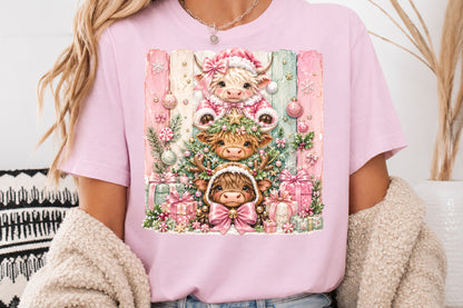Christmas Highland Cow PNG Pink Christmas Cow Cute Winter Sublimation Design