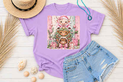 Christmas Highland Cow PNG Pink Christmas Cow Cute Winter Sublimation Design