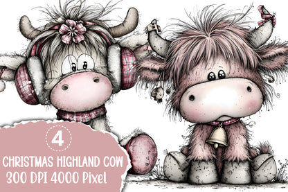 Christmas Highland Cow Clipart PNG – 4 Cute Christmas Cow Designs