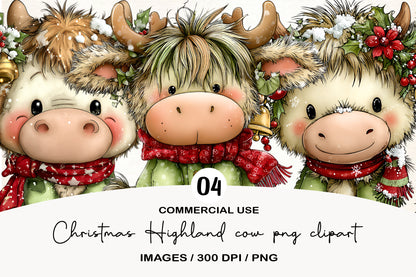 Christmas Highland Cow Clipart PNG Bundle | Cute Watercolor Winter Cow Clipart
