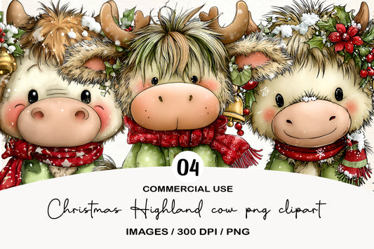 Christmas Highland Cow Clipart PNG Bundle | Cute Watercolor Winter Cow Clipart