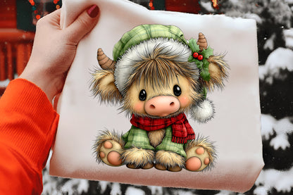 Christmas Highland Cow Clipart PNG Bundle | Cute Watercolor Winter Cow Clipart