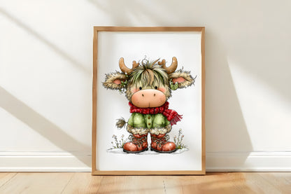 Christmas Highland Cow Clipart PNG Bundle | Cute Watercolor Winter Cow Clipart