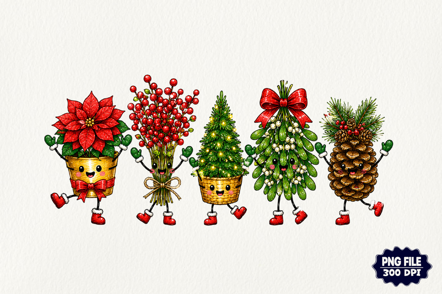 Christmas Holiday Plants PNG Poinsettia Pine Tree Mistletoe Doodle