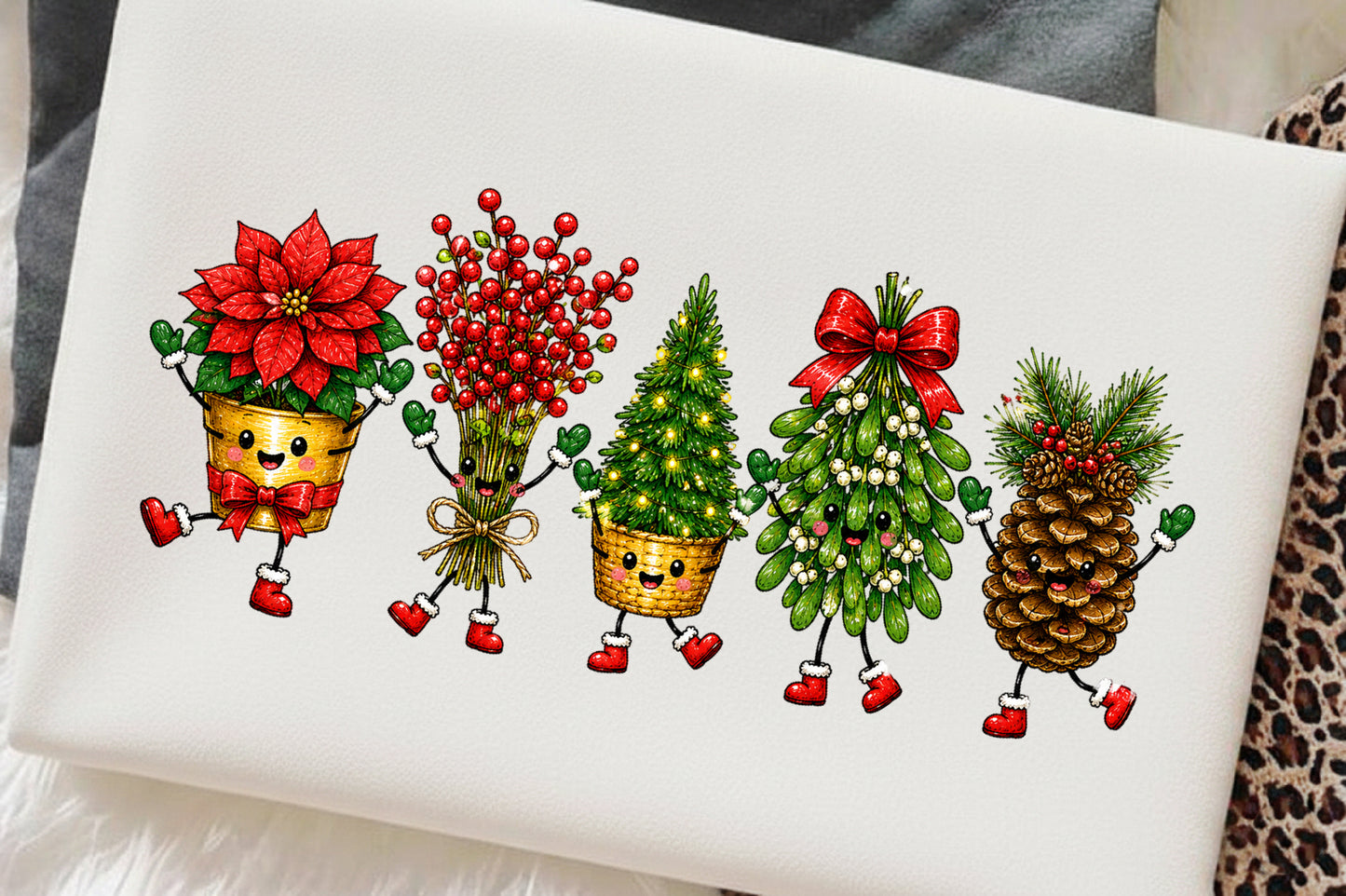 Christmas Holiday Plants PNG Poinsettia Pine Tree Mistletoe Doodle