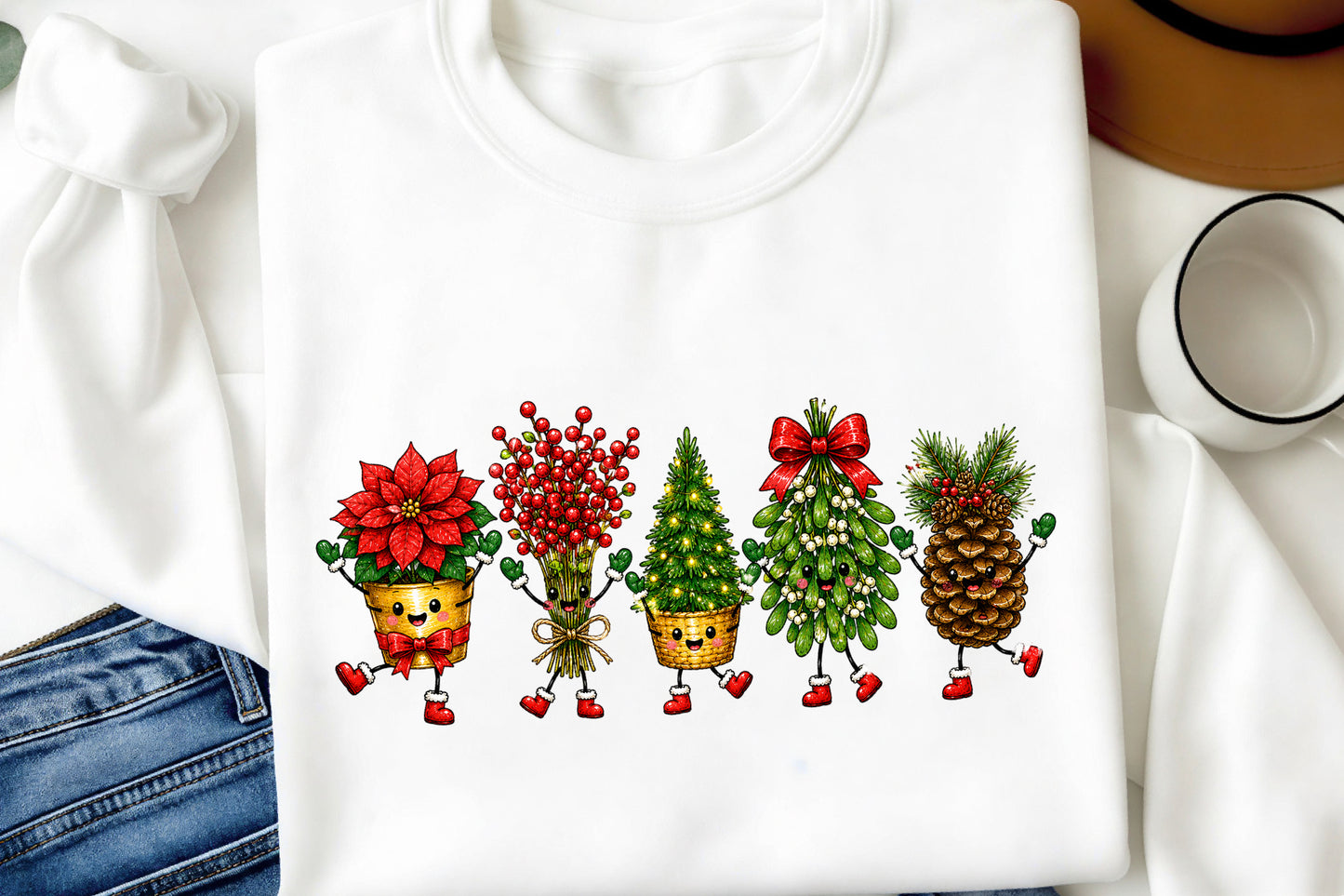 Christmas Holiday Plants PNG Poinsettia Pine Tree Mistletoe Doodle