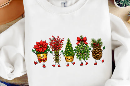 Christmas Holiday Plants PNG Poinsettia Pine Tree Mistletoe Doodle