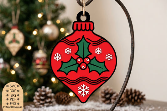 Christmas Holly Berry Ornament Laser Cut SVG, Holly Berry Christmas Ornament Cut File, Holiday Ornament SVG Design