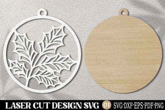 Christmas Holly Ornament Laser Cut SVG | Holly Leaf Christmas Ornament