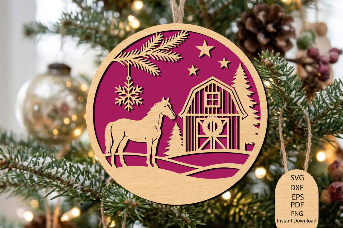 Christmas Horse Barn Ornament Laser Cut SVG, Farmhouse Christmas Ornament Cut File