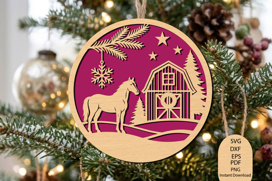 Christmas Horse Barn Ornament Laser Cut SVG, Farmhouse Christmas Ornament Cut File