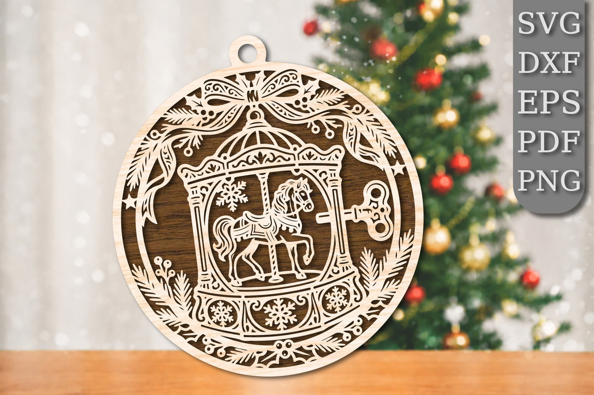 Christmas Horse Carriage Ornament SVG | Vintage Christmas Carousel Laser Cut