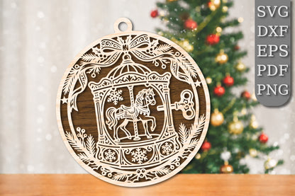 Christmas Horse Carriage Ornament SVG | Vintage Christmas Carousel Laser Cut