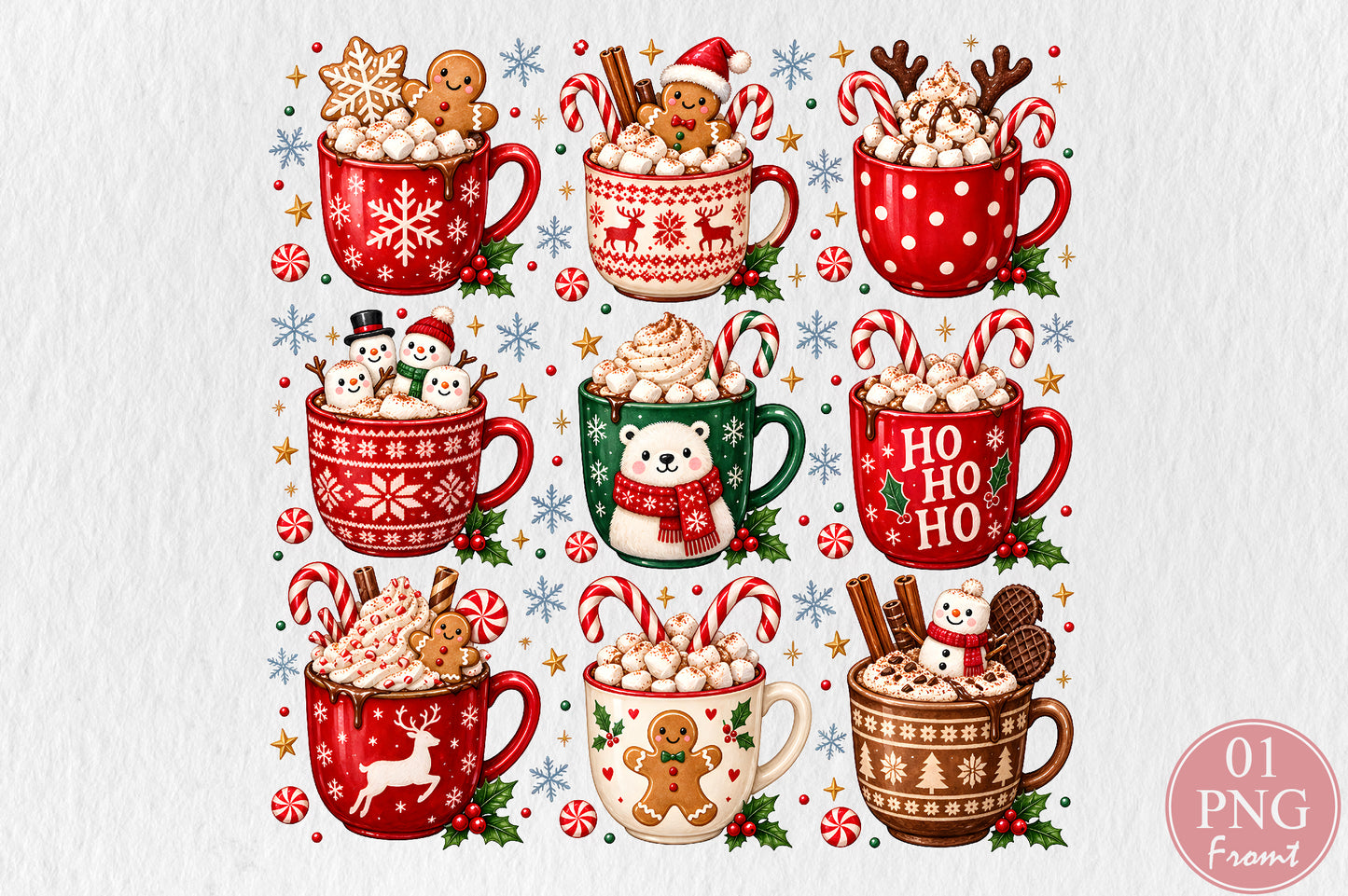Christmas Hot Chocolate Mugs PNG Cute Holiday Cocoa Sublimation Bundle