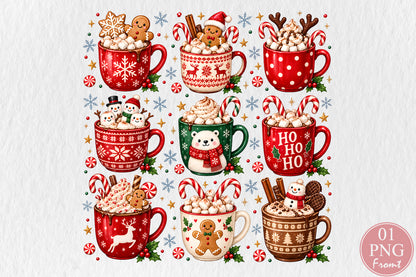 Christmas Hot Chocolate Mugs PNG Cute Holiday Cocoa Sublimation Bundle