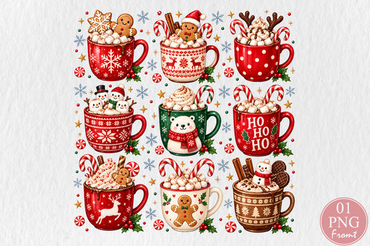 Christmas Hot Chocolate Mugs PNG Cute Holiday Cocoa Sublimation Bundle