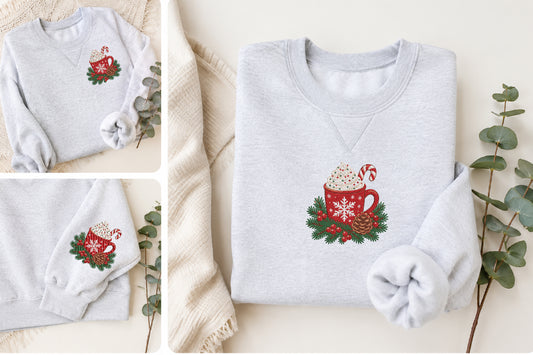 Christmas Hot Cocoa Embroidery Design – Cute Hot Chocolate Mug Machine Embroidery Pattern, Festive Christmas & Winter Embroidery Design
