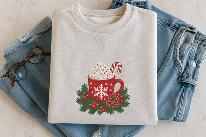 Christmas Hot Cocoa Embroidery Design – Cute Hot Chocolate Mug Machine Embroidery Pattern, Festive Christmas & Winter Embroidery Design
