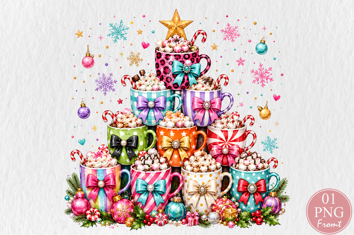 Christmas Hot Cocoa Mug Tree PNG Colorful Holiday Coffee Cup Sublimation Design