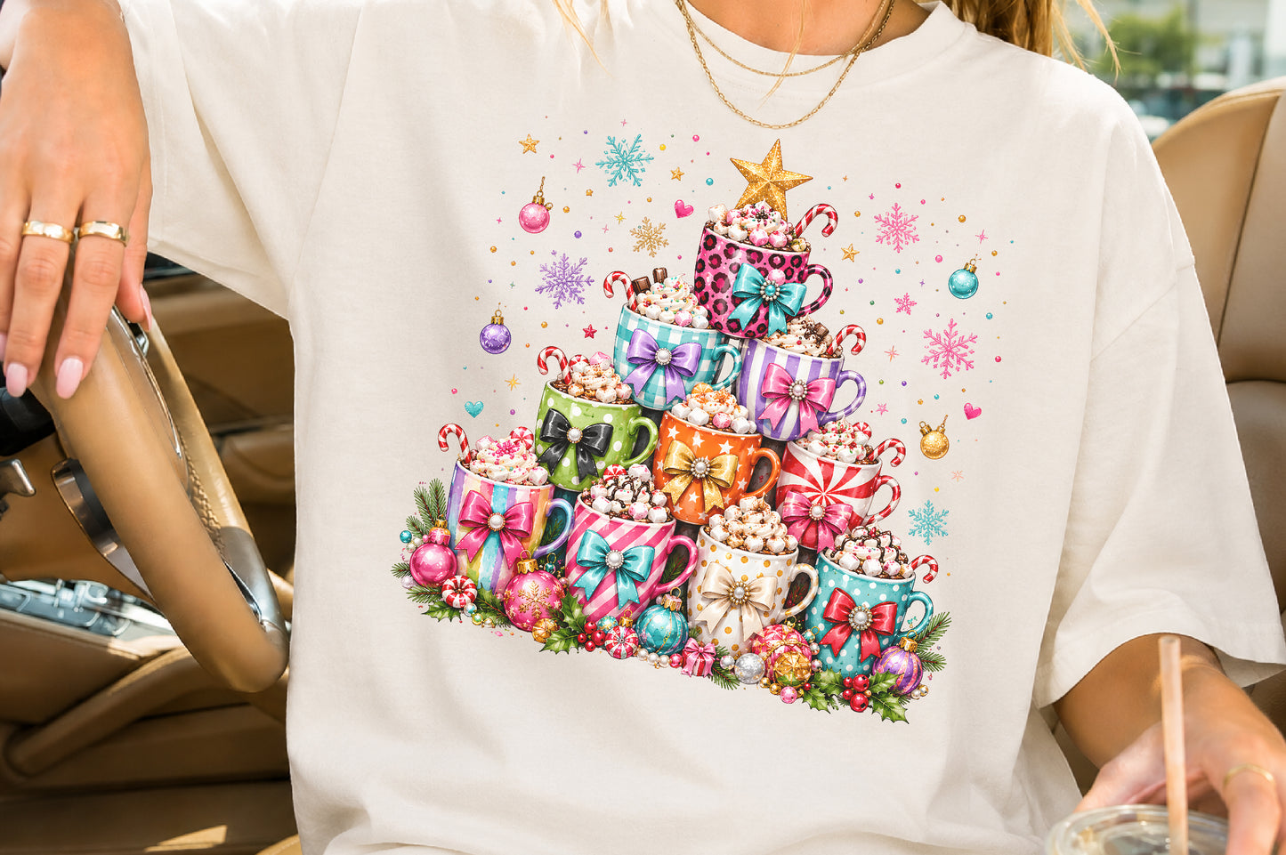 Christmas Hot Cocoa Mug Tree PNG Colorful Holiday Coffee Cup Sublimation Design