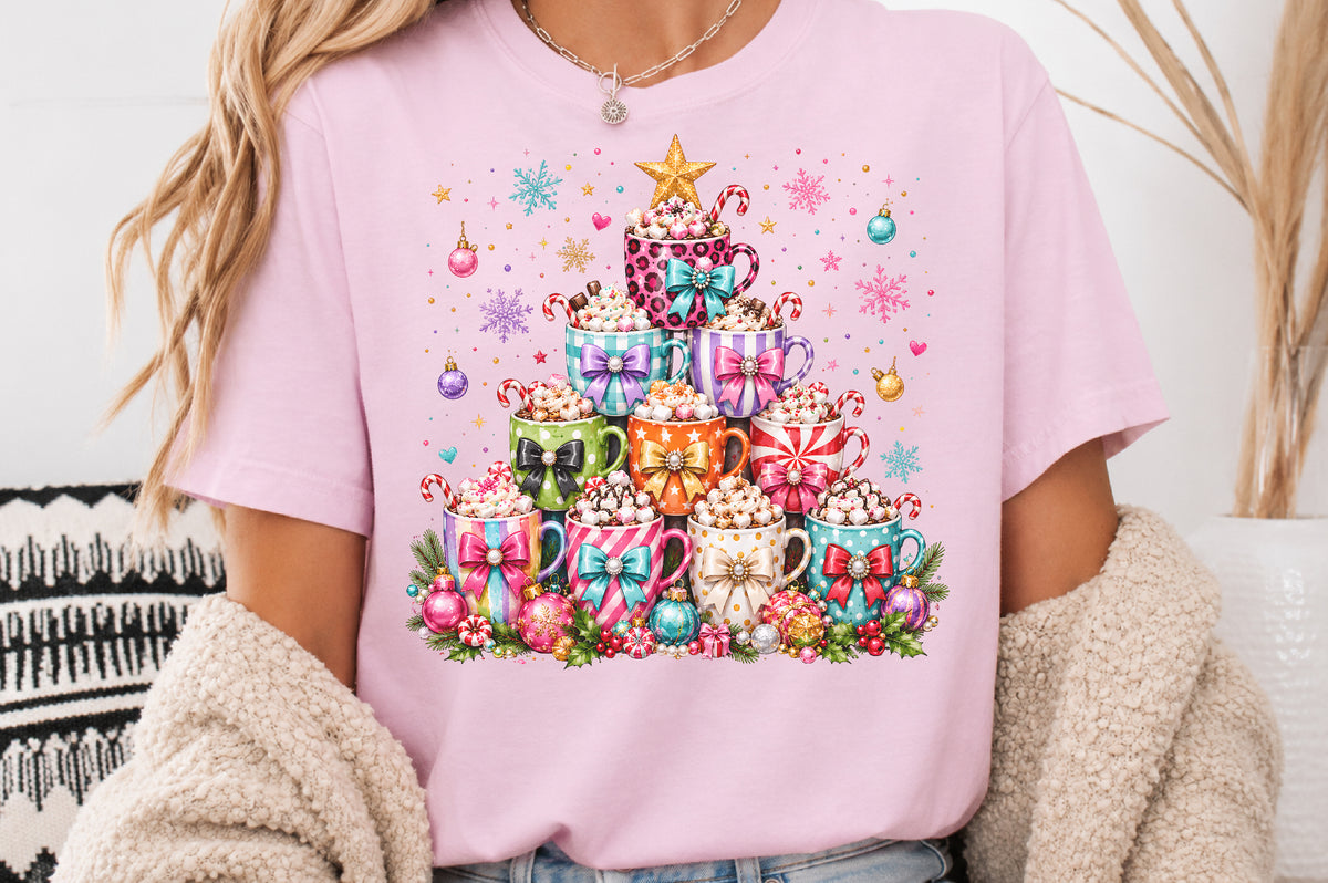 Christmas Hot Cocoa Mug Tree PNG Colorful Holiday Coffee Cup Sublimation Design