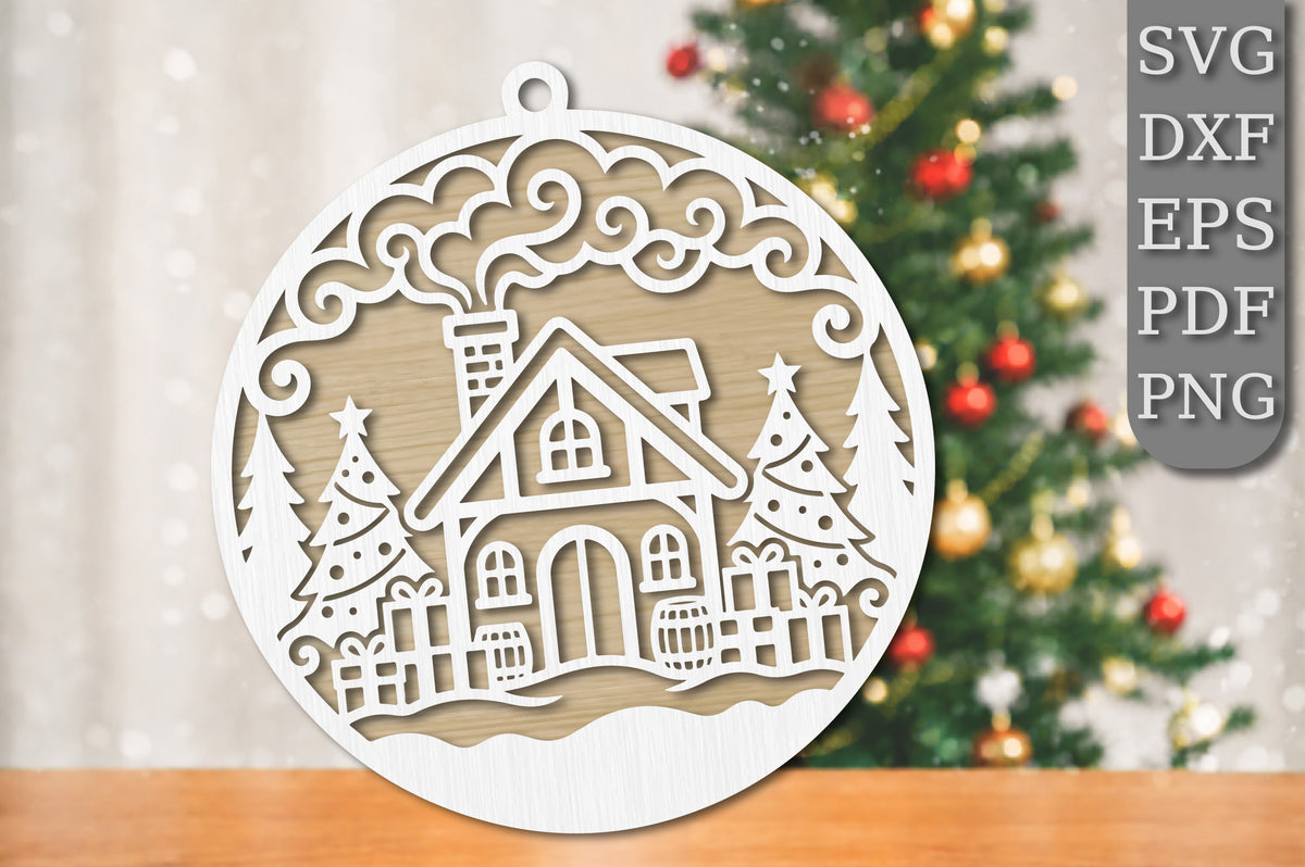 Christmas House Ornament SVG | Cozy Winter Cabin Laser Cut Design