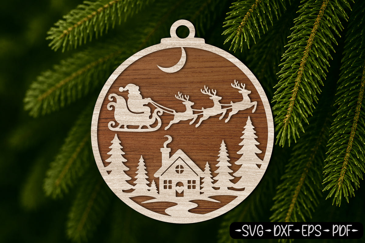 Christmas House Ornament Laser Cut SVG | Santa Sleigh