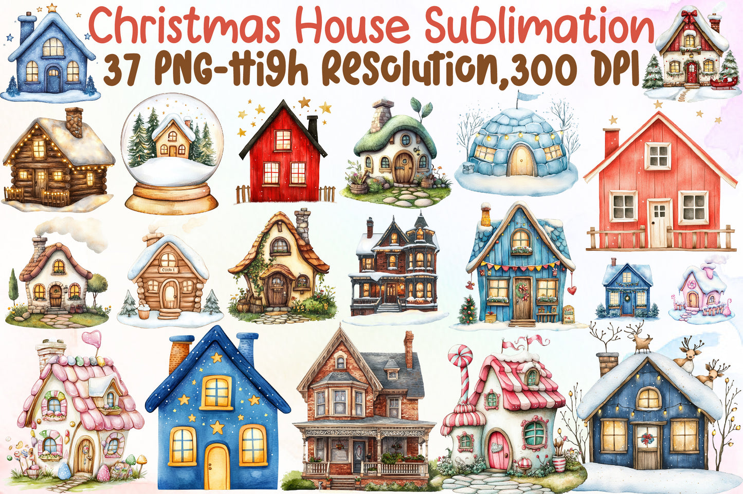 Christmas House Watercolor Clipart PNG Bundle