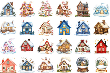 Christmas House Watercolor Clipart PNG Bundle
