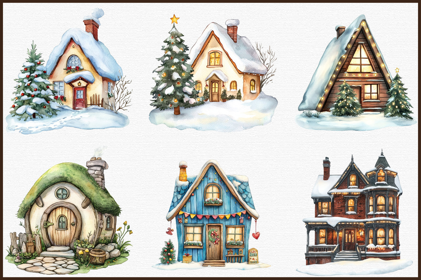 Christmas House Watercolor Clipart PNG Bundle