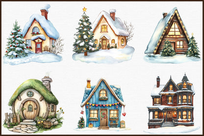 Christmas House Watercolor Clipart PNG Bundle