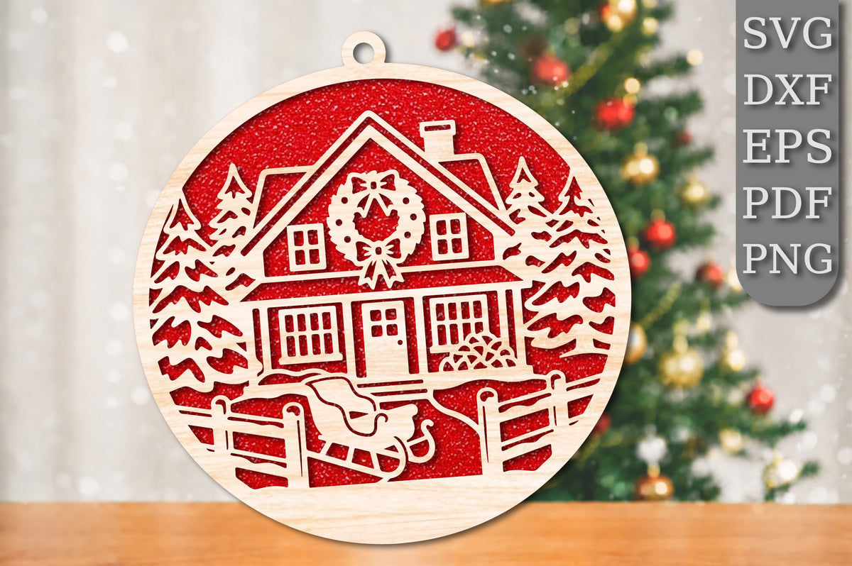 Christmas House Wreath Ornament SVG | Christmas Home Laser Cut Design