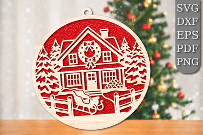 Christmas House Wreath Ornament SVG | Christmas Home Laser Cut Design