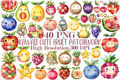 Christmas Kawaii Cute Fruit Patchwork Clipart PNG Bundle