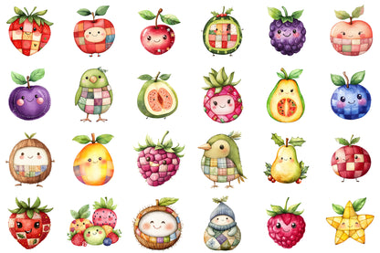 Christmas Kawaii Cute Fruit Patchwork Clipart PNG Bundle