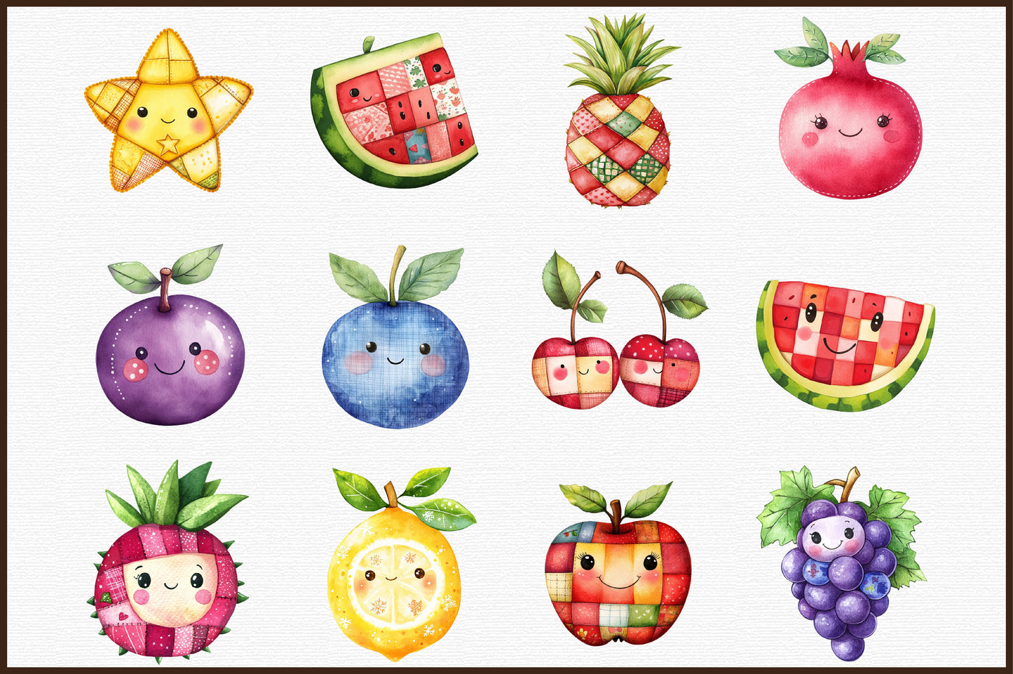 Christmas Kawaii Cute Fruit Patchwork Clipart PNG Bundle