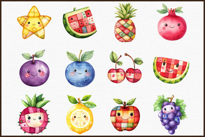 Christmas Kawaii Cute Fruit Patchwork Clipart PNG Bundle