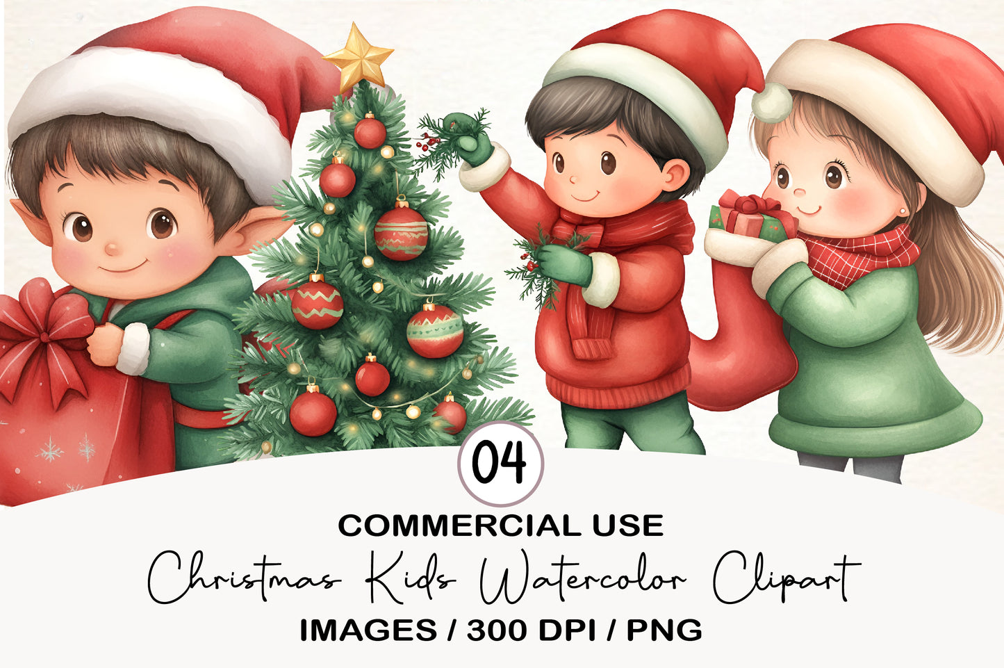Christmas Kids Watercolor Clipart PNG Bundle | Cute Holiday Children Clipart