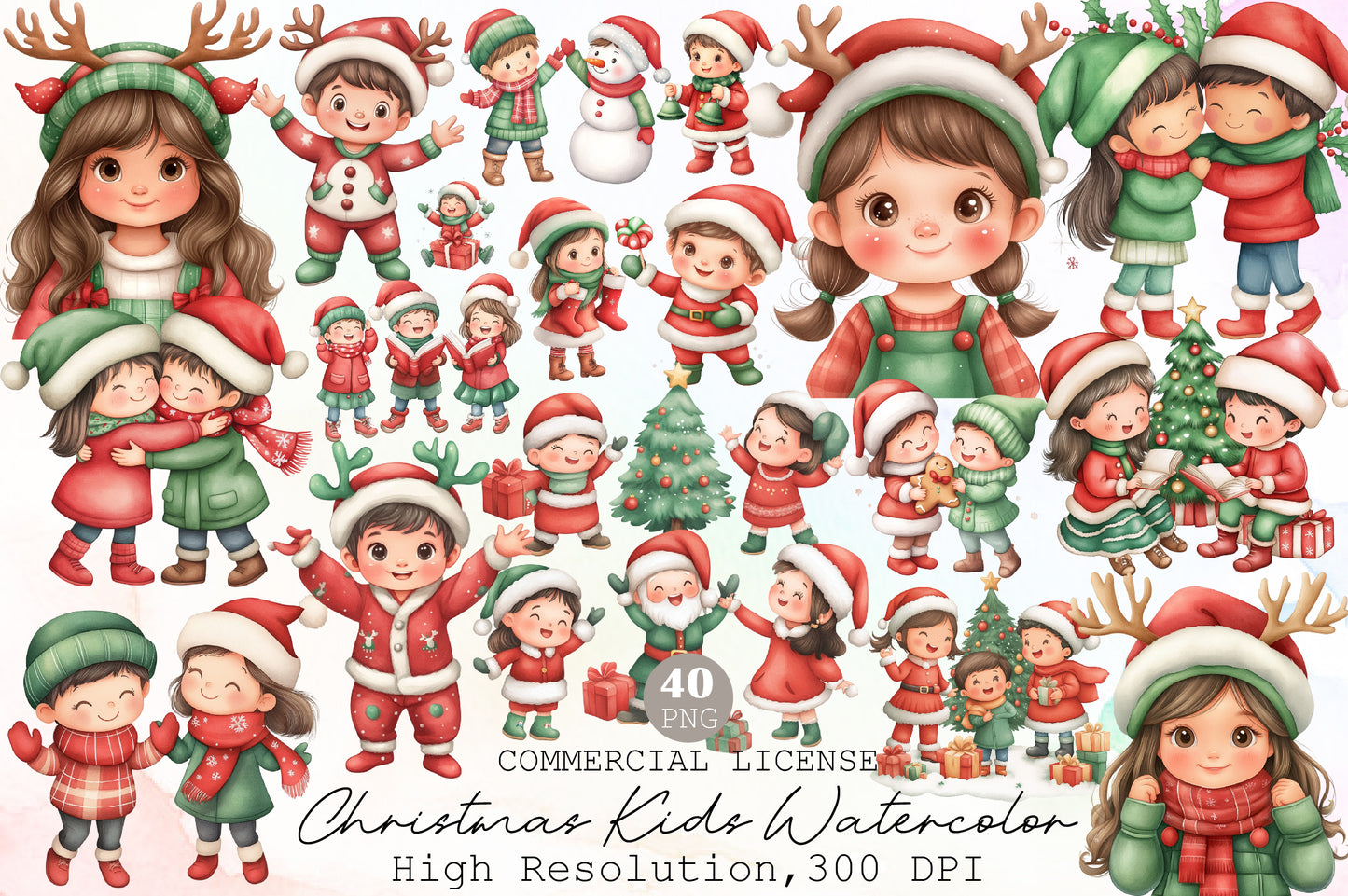 Christmas Kids Watercolor Clipart PNG Bundle