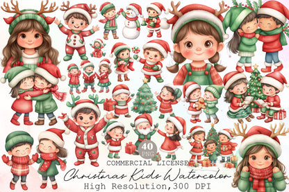 Christmas Kids Watercolor Clipart PNG Bundle