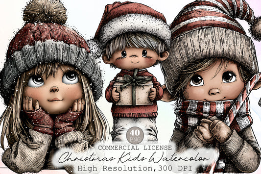 Vintage Christmas Kids Watercolor Clipart PNG Bundle
