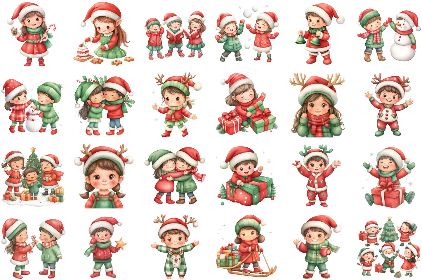 Christmas Kids Watercolor Clipart PNG Bundle
