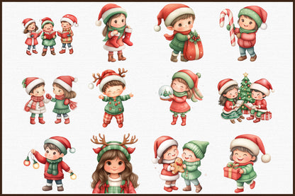 Christmas Kids Watercolor Clipart PNG Bundle